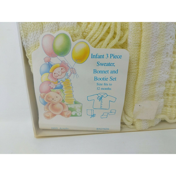 Cradle Knit Infant Baby Sweater Hat Bootie Set Yellow VTG 1970s 70s 80s 1980s - Picture 2 of 9